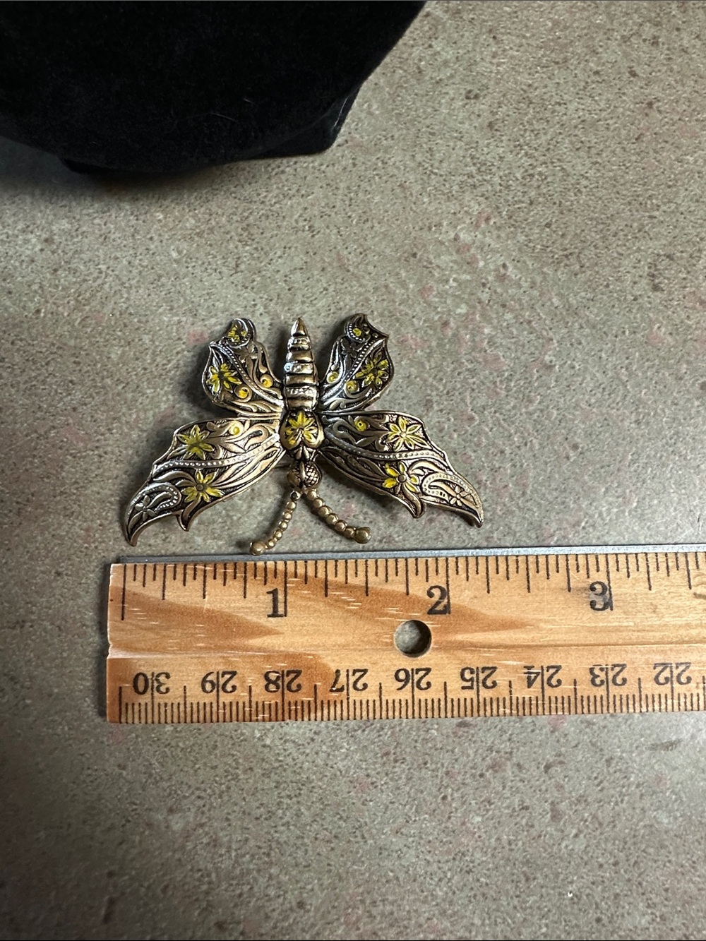 Vintage Spanish Damascene Style Gold Tone Butterfly Brooch with Yellow Accents - Picture 8 of 10